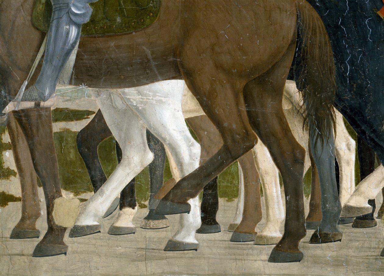 Legenden om det sande kors, Konstantins sejr i slaget ved Milvian Bridge, detaljer om hestens fødder, færdiggjort 1464 fresko af Piero della Francesca