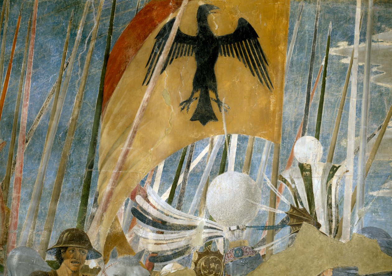 Legenden om det sande kors, Konstantins sejr i slaget ved Milvian Bridge, detalje af banneret, færdiggjort fresko fra 1464 af Piero della Francesca