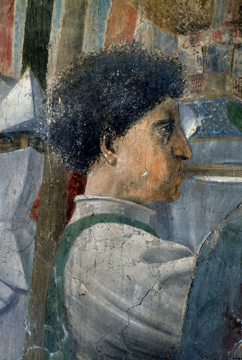Legenden om det sande kors, Konstantins sejr i slaget ved Milvian Bridge, detalje af en soldat, der blæser i en trompet, færdiggjort fresko fra 1464 af Piero della Francesca