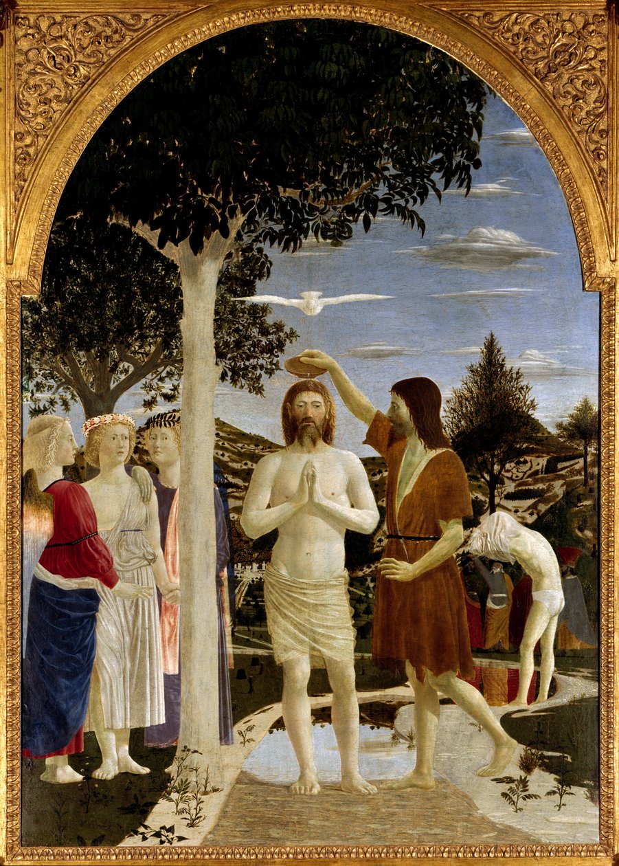 Kristi dåb Johannes Døberen døber Jesus, mens en anden mand bag ham også forbereder sig til dåben. Helligånden over Kristus i form af duen og disciplene til venstre, der ser scenen. Fresco af Piero della Francesca (1410/1420- af Piero della Francesca