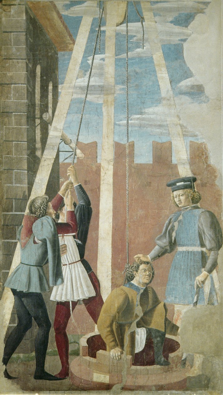 Tortur af jøden: Judas bliver trukket fra brønden, fra den sande kors-cyklus, afsluttet 1464 (fresko) af Piero della Francesca