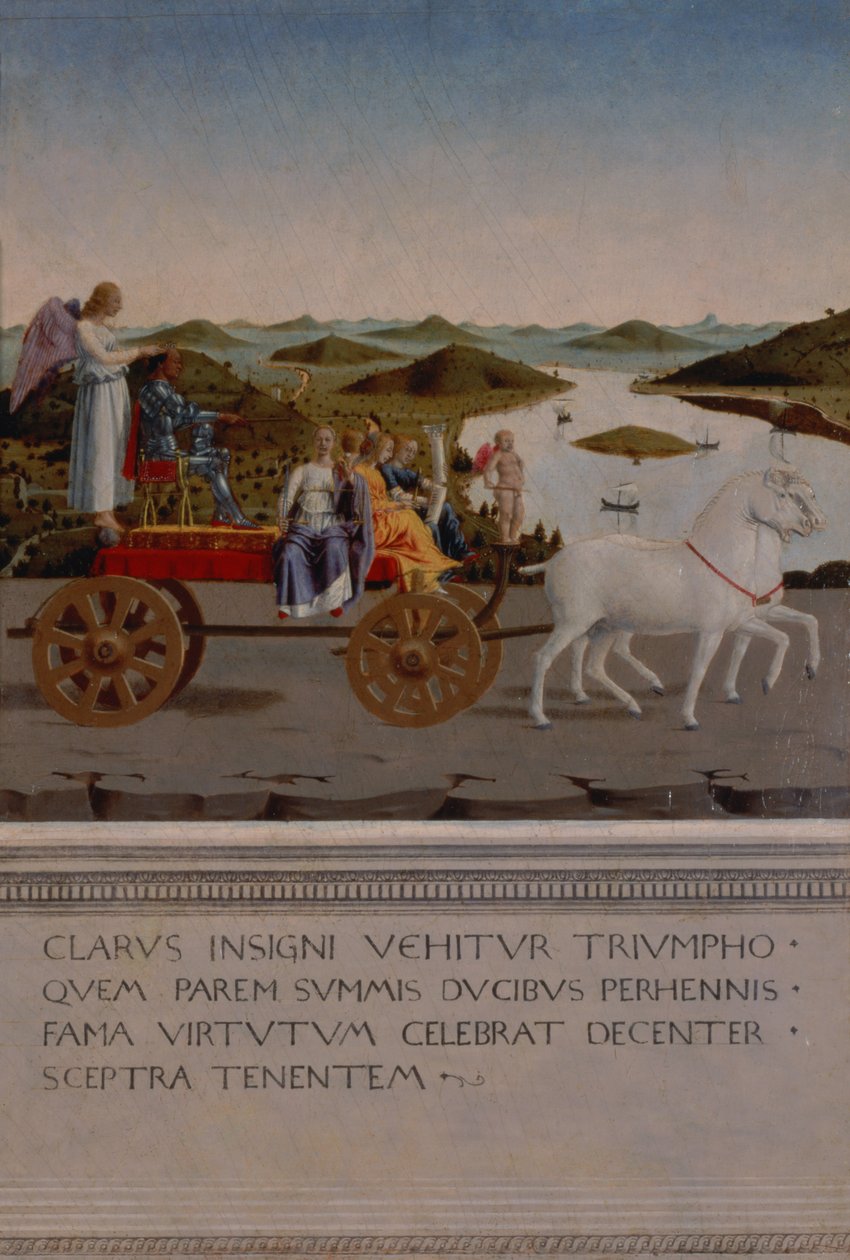 Triumf af Federigo da Montefeltro, hertug af Urbino; Federigo og de fire kardinaldyder i en triumfbil tegnet af hvide enhjørninger, bevinget Victory, der holder den hertuglige krone, malet efter 1474 (pan af Piero della Francesca