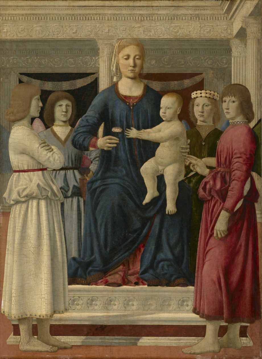 Jomfru og barn på tronen med fire engle, ca. 1460-70 af Piero della Francesca