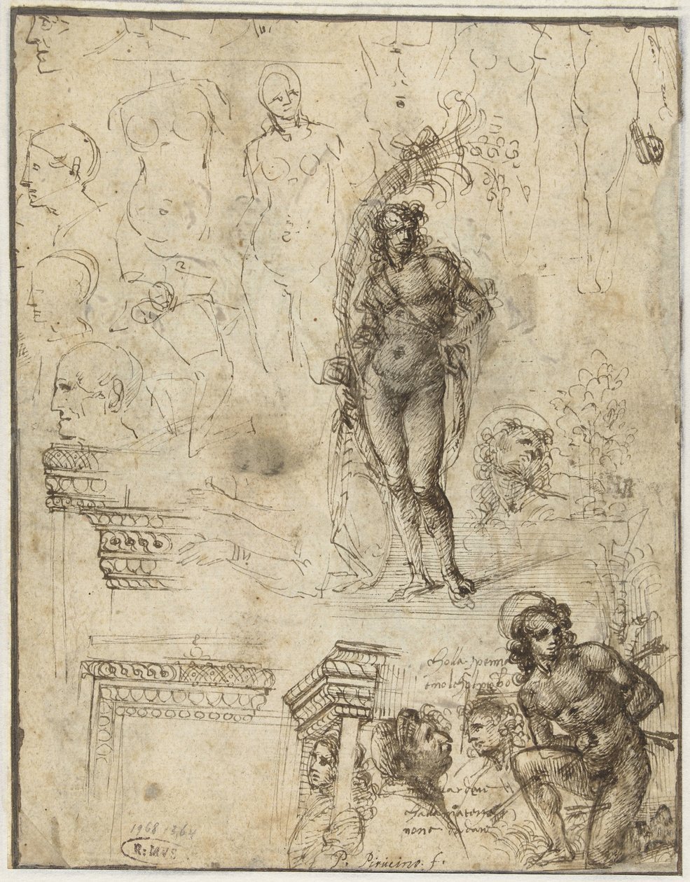 Studieark med hoveder, figurer og arkitektoniske fragmenter Studieark med hoveder, figurer og arkitektoniske fragmenter af Piero di Cosimo (attributed to)
