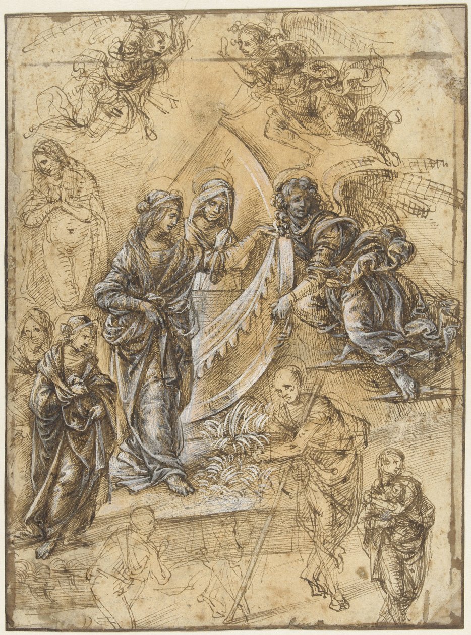 Studieark med Jomfru Maria, hellige, engle og figurer fra tilbedelsen af vismændene af Piero di Cosimo (attributed to)