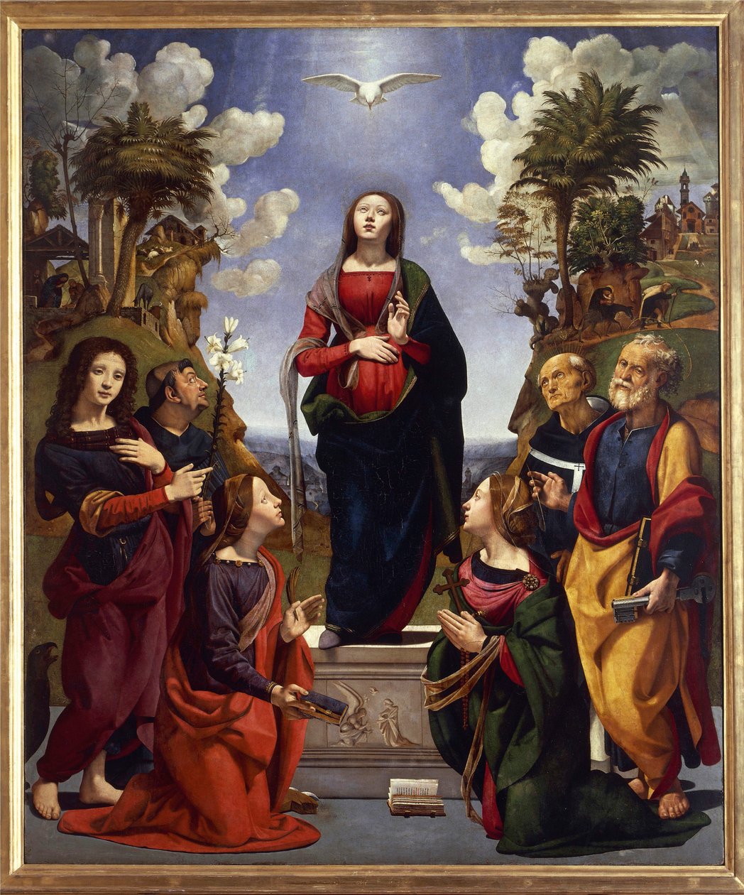 Ulastelig undfangelse omgivet af hellige, ca. 1500-05 (tempera grassa på træ) af Piero di Cosimo