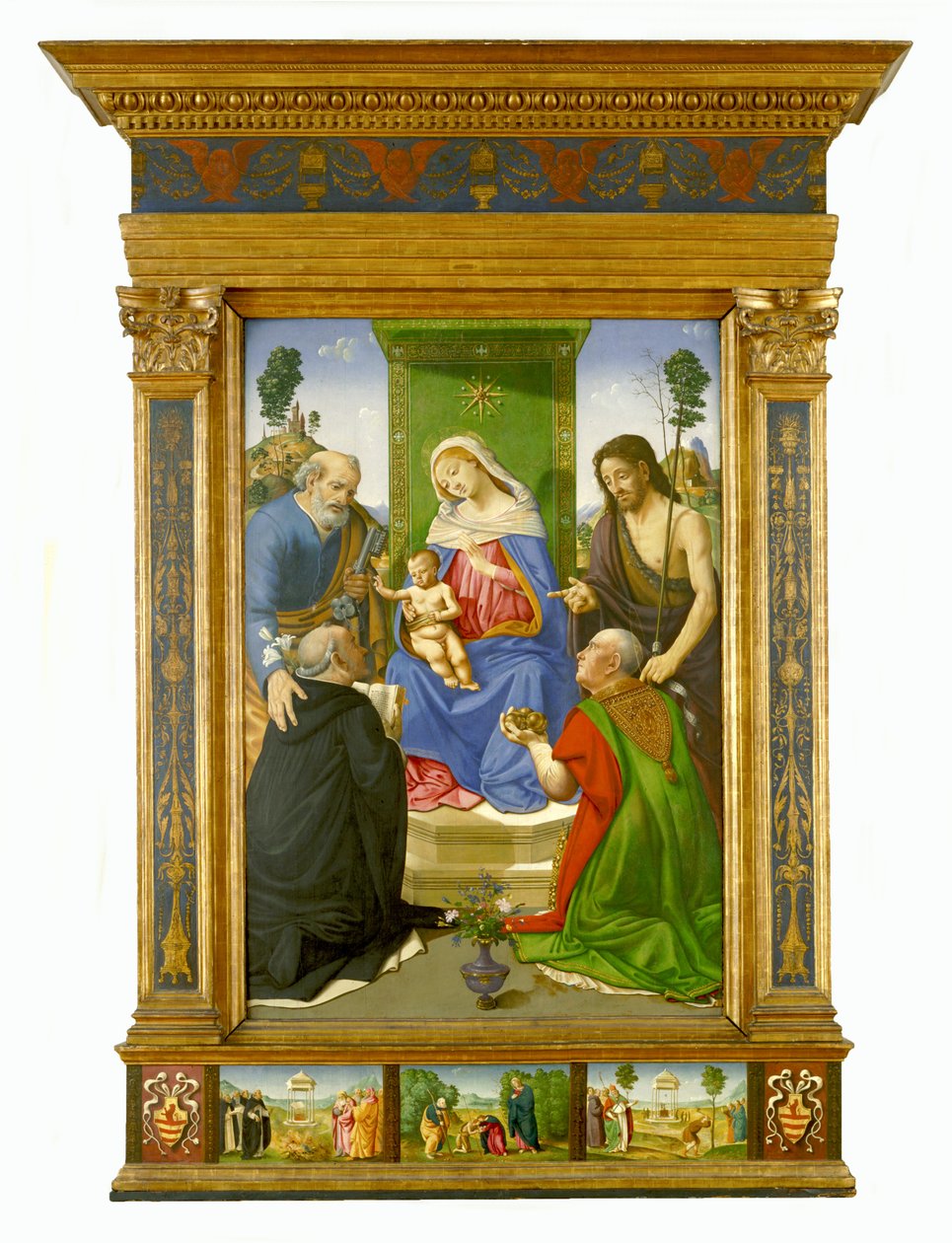 Madonna med barn og de hellige Peter, Johannes Døberen, Dominikus og Nikolaj af Bari, ca. 1481-85 (tempera og olie på panel) af Piero di Cosimo