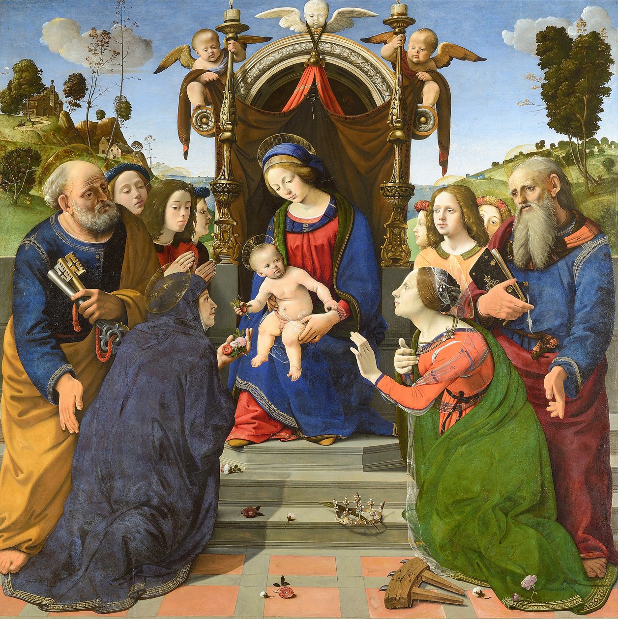 Madonna med barnet på tronen med de hellige Peter, Johannes Evangelisten, Elizabeth af Ungarn (), Katarina af Alexandria og engle af Piero di Cosimo
