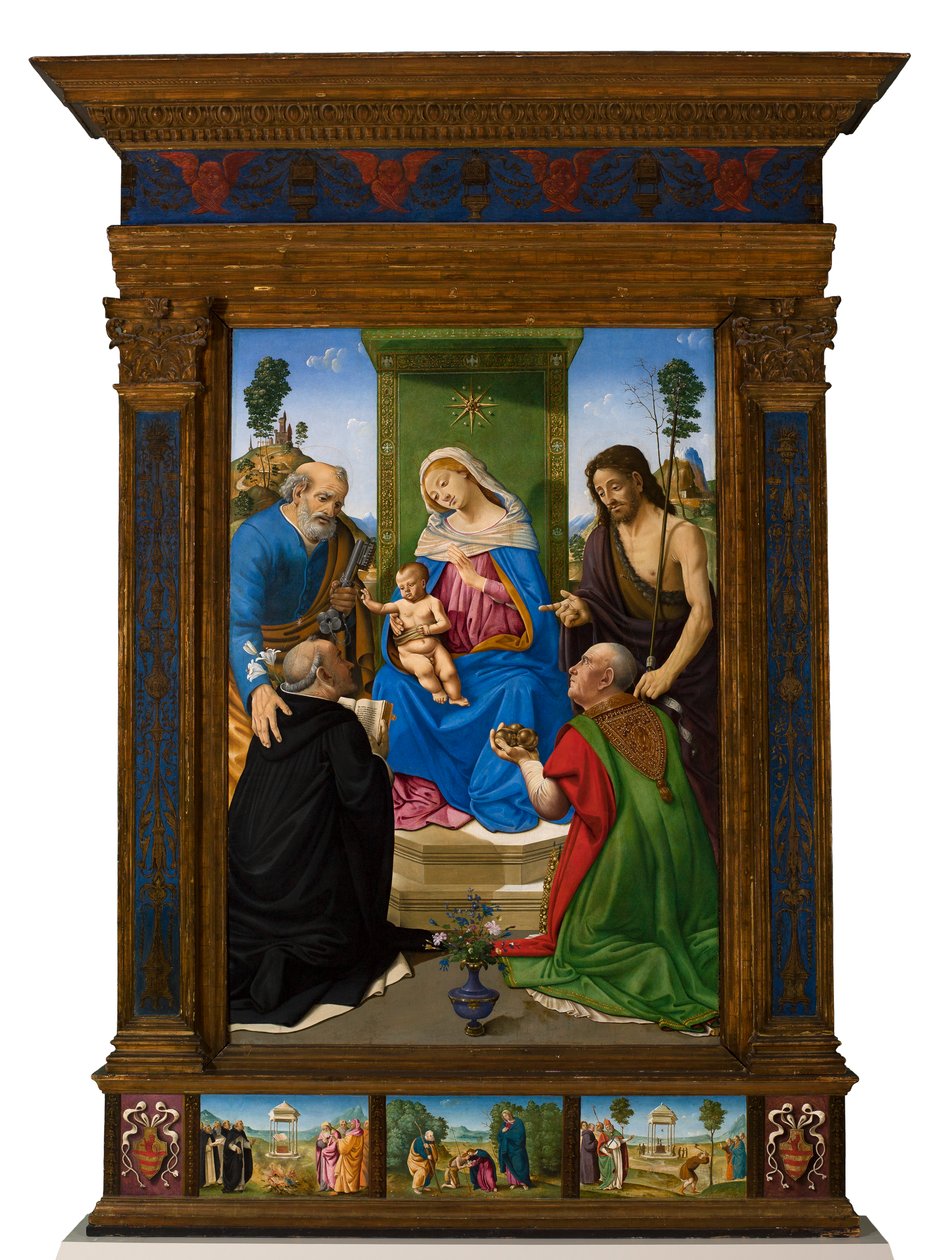 Madonna med barnet på tronen med de hellige Peter, Johannes Døberen, Dominikus og Nikolaus af Bari af Piero di Cosimo