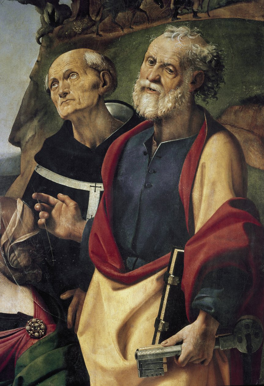 St. Peter og St. Philip Benizi, detalje af Jomfru og Barn på tronen omgivet af helgener (olie og tempera på panel, ca. 1493) af Piero di Cosimo