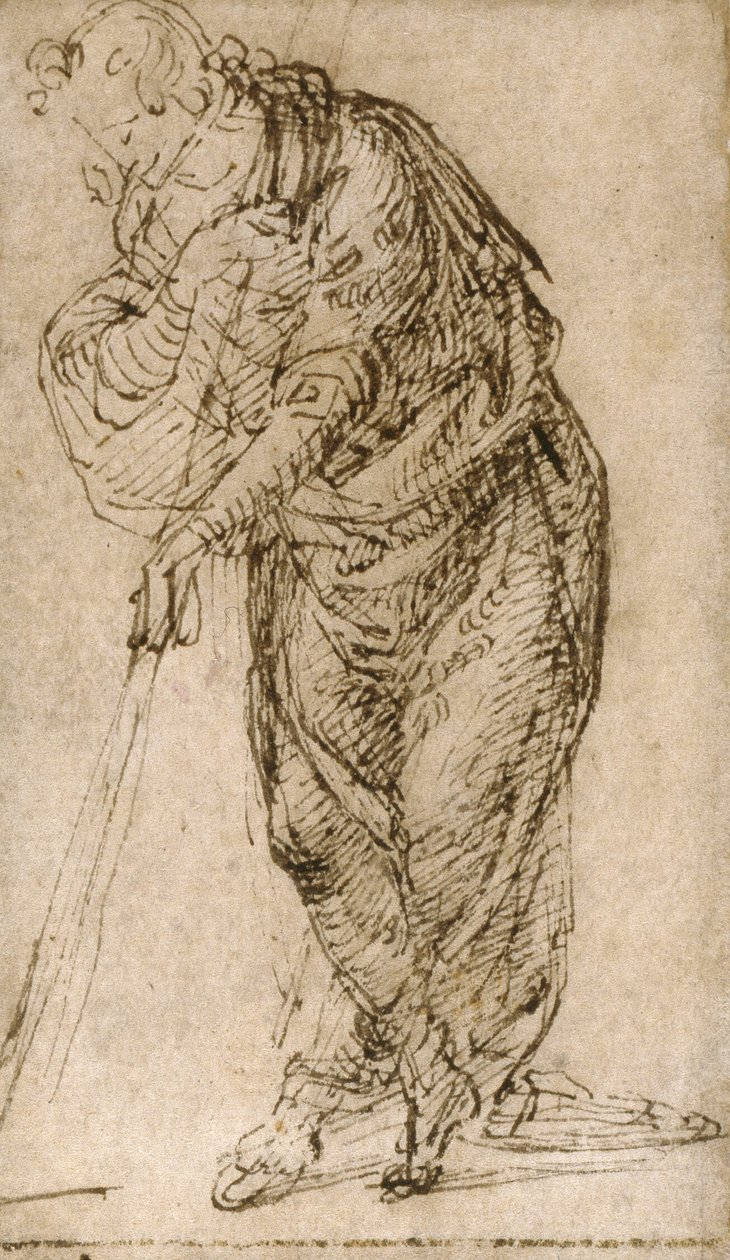 Stående figur læner sig op ad en stav af Piero di Cosimo