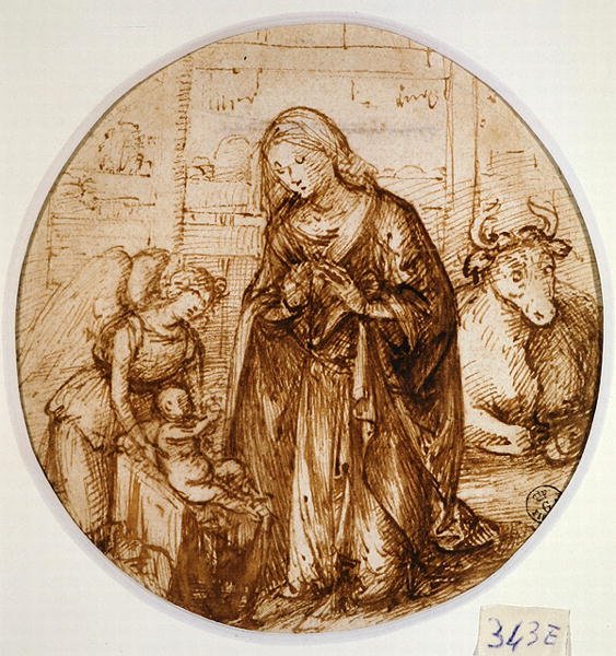 Tilbedelse af barnet (pen og blæk på papir) af Piero di Cosimo
