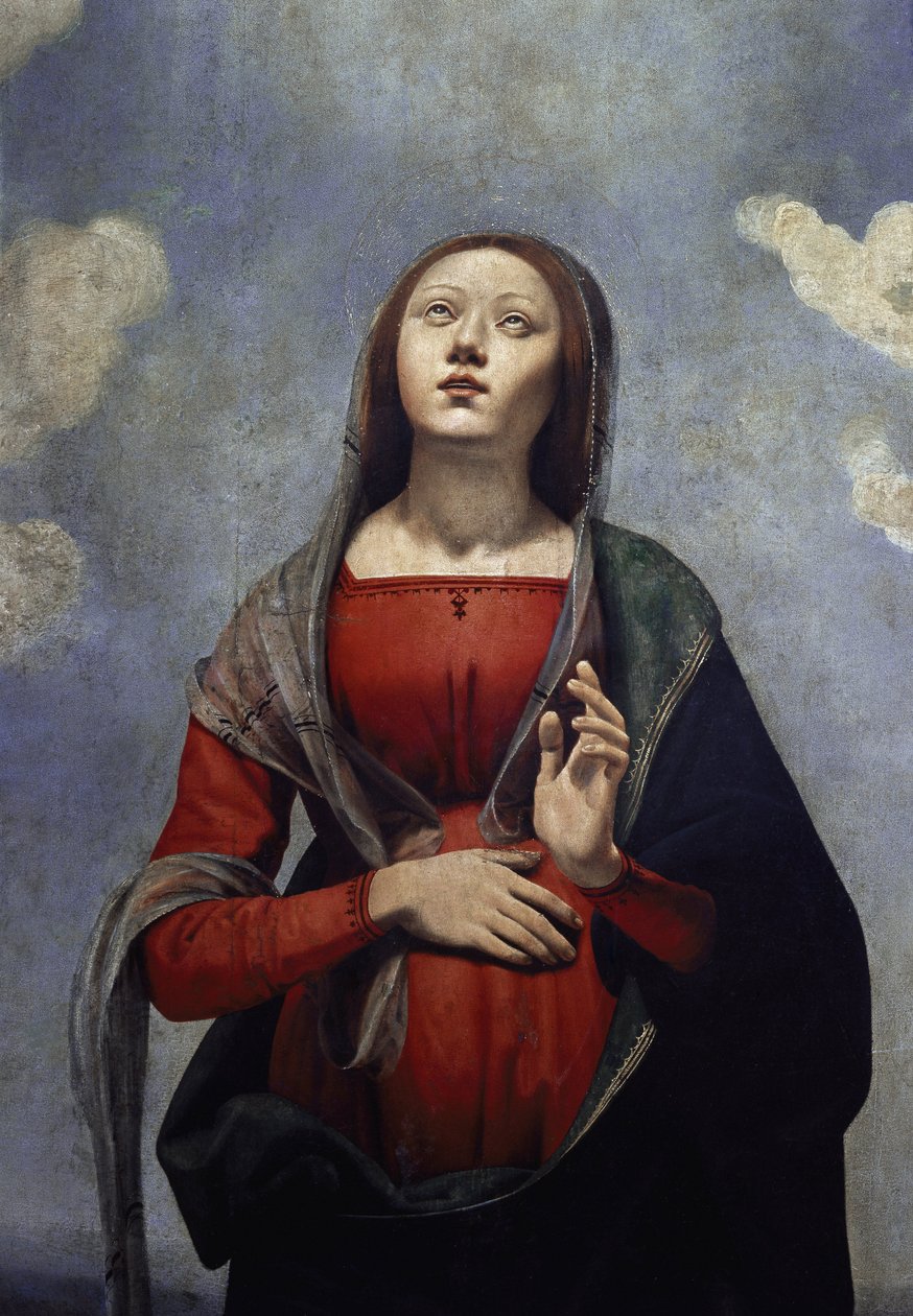 Jomfru Maria med Helligåndens due over sig, omgivet af seks hellige. detalje (olie på lærred, ca. 1505) af Piero di Cosimo