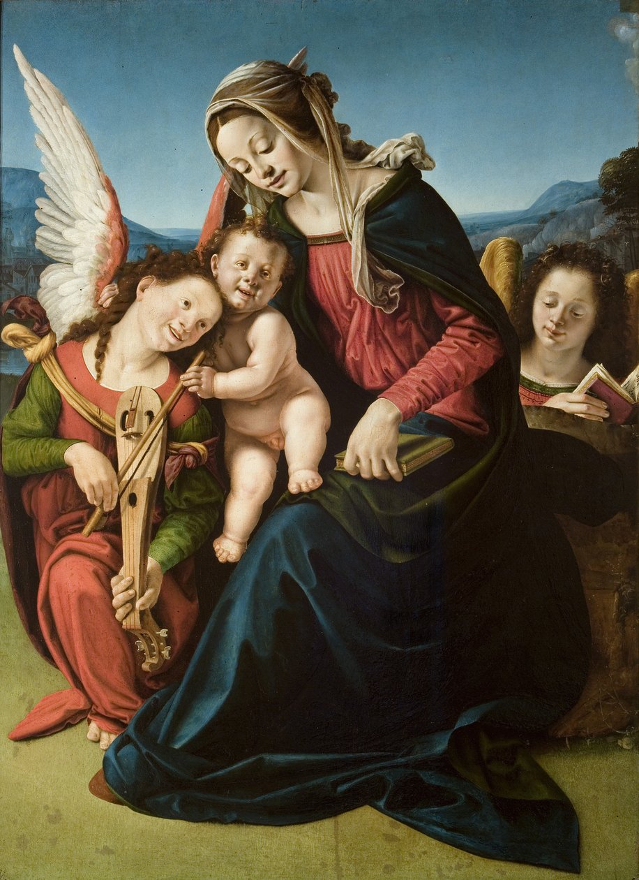 Jomfruen og barnet med to engle, ca. 1507 (olie på træ) af Piero di Cosimo