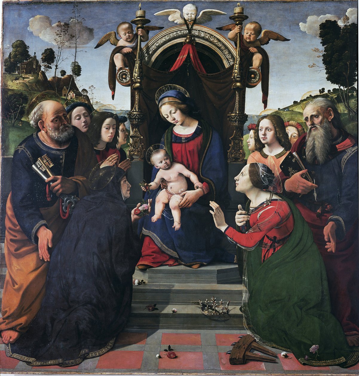 Jomfru og barn på tronen omgivet af helgener (olie og tempera på panel, ca. 1493) af Piero di Cosimo