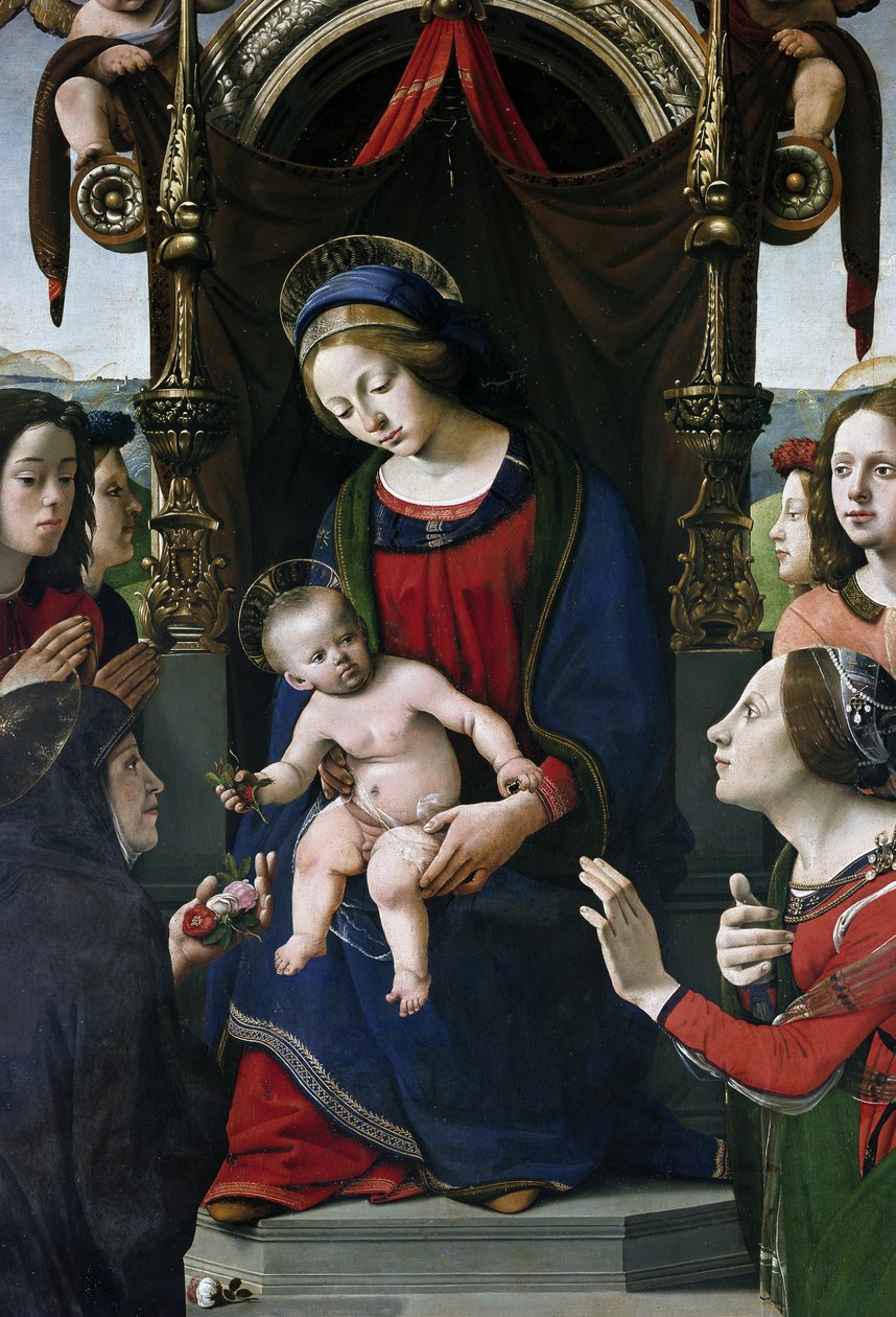 Jomfru og barn på tronen omgivet af helgener, detaljer (olie og tempera på panel, ca. 1493) af Piero di Cosimo