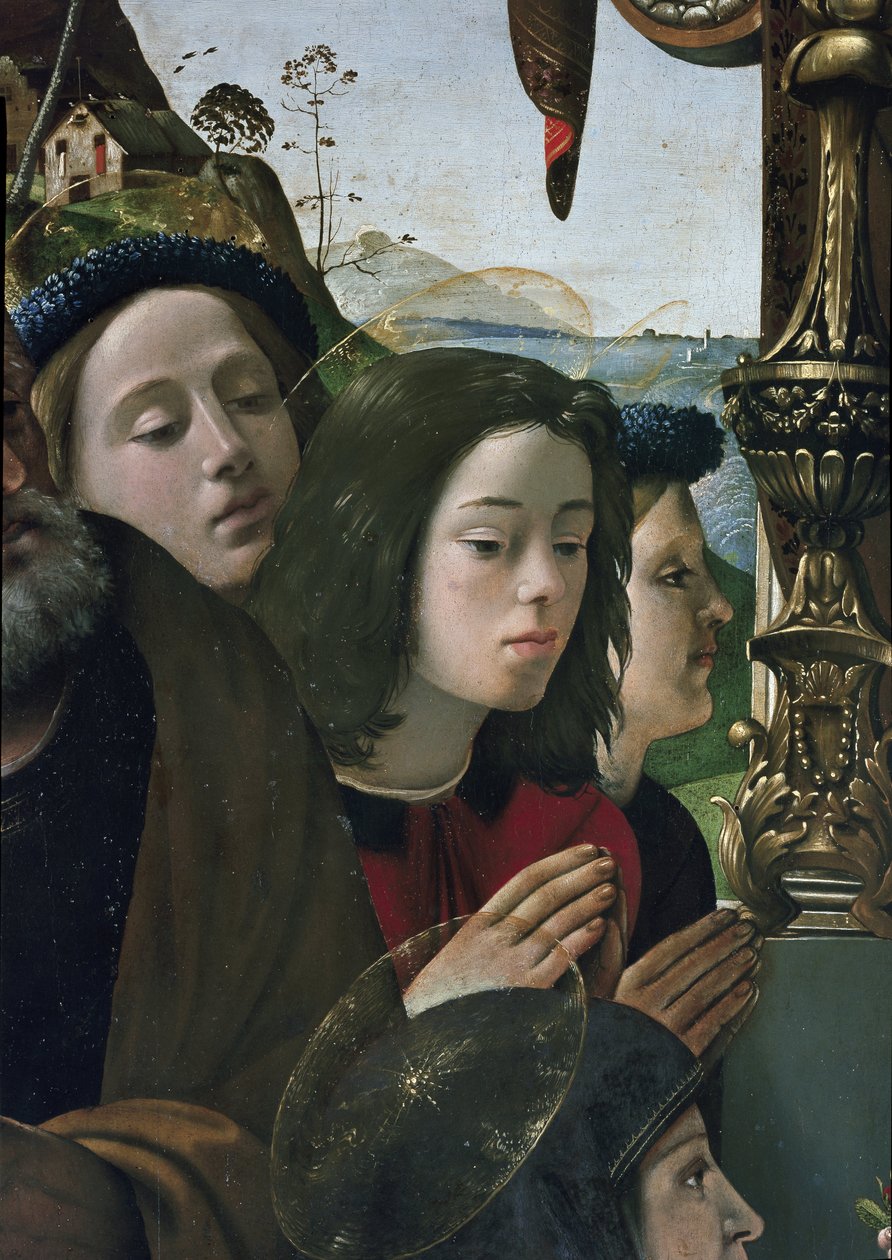 Jomfru og barn på tronen omgivet af helgener, detaljer (olie og tempera på panel, ca. 1493) af Piero di Cosimo