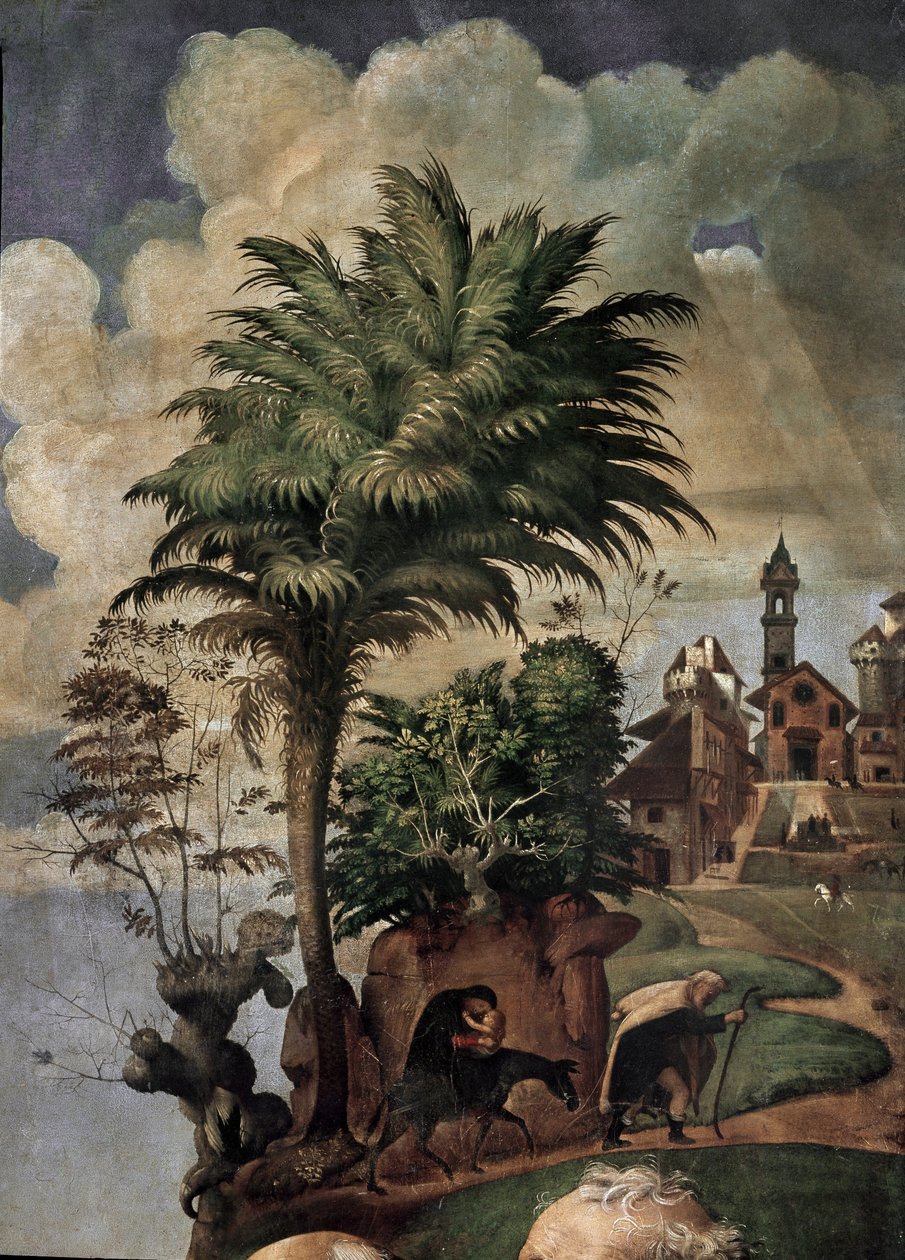 Jomfru og barn på tronen omgivet af helgener, detaljer (olie og tempera på panel, ca. 1493) af Piero di Cosimo