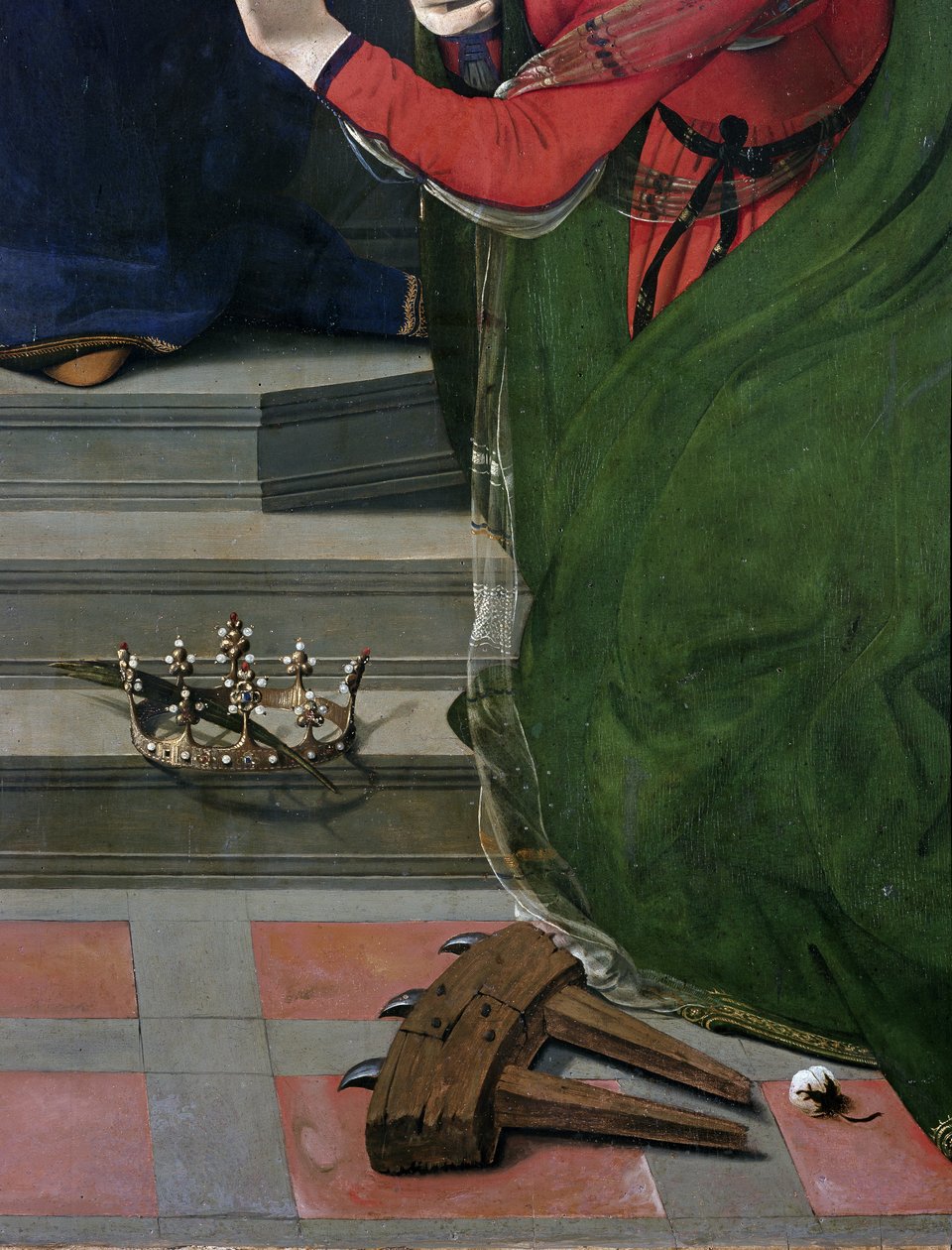 Jomfru og barn på tronen omgivet af helgener, detaljer (olie og tempera på panel, ca. 1493) af Piero di Cosimo