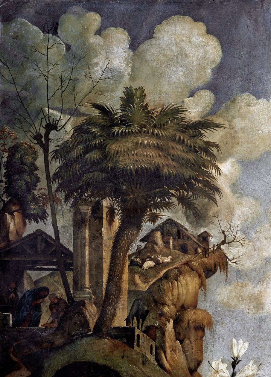 Jomfru og barn på tronen omgivet af helgener, detaljer (olie og tempera på panel, ca. 1493) af Piero di Cosimo