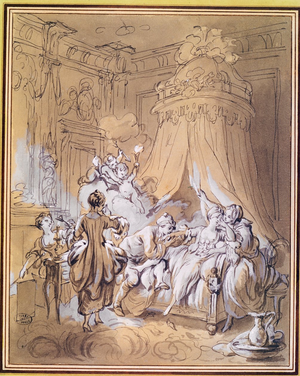 Bryllupsnatten (akvarel og blæk på papir) af Pierre Antoine Baudouin