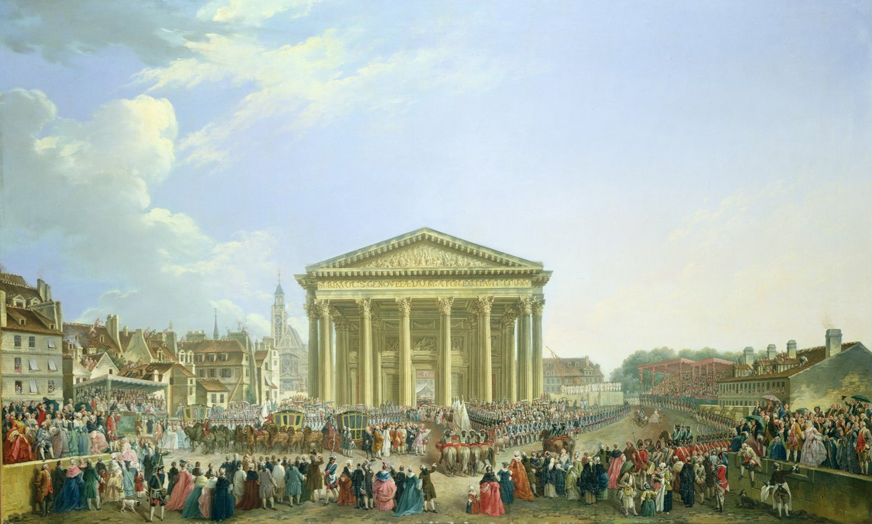 Ceremoni med nedlæggelse af den første sten til den nye kirke St. Genevieve i 1763, 1764 af Pierre Antoine Demachy