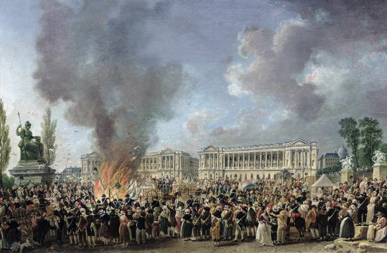 Fejringen af enhed, ødelæggelse af monarkiets emblemer, Place de la Concorde, 10. august 1793 af Pierre Antoine Demachy