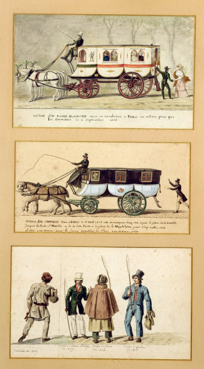 En Dame Blanche-vogn, en omnibus og chauffører, 1815-30 af Pierre Antoine Lesueur