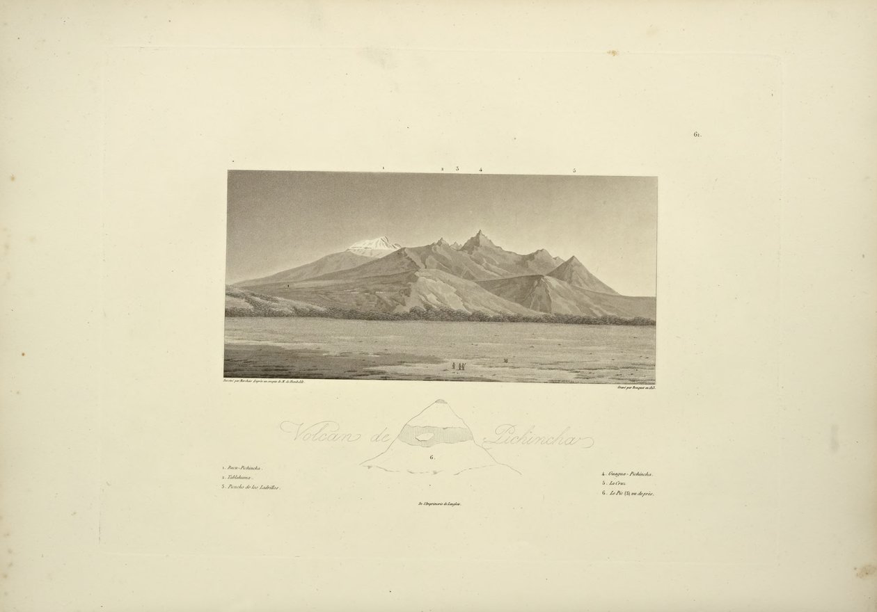 Volcanoes of Pichincha, graveret af Bouquet, illustration fra "Views of the Cordilleras and Monuments of the Native Peoples of America" ​​af Alexander von Humboldt og Aime Bonpland, 1813 af Pierre Antoine Marchais