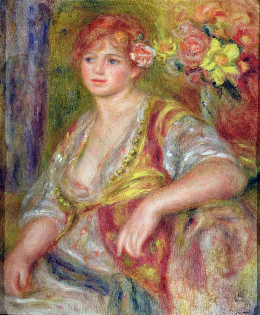Blond kvinde med rose, ca. 1915-17 af Pierre Auguste Renoir