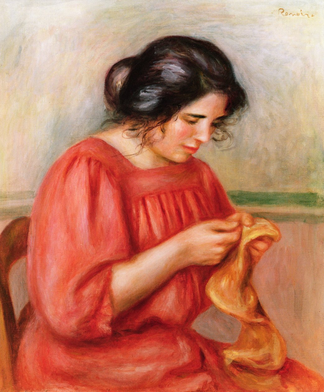 Gabrielle darning, 1908 af Pierre Auguste Renoir