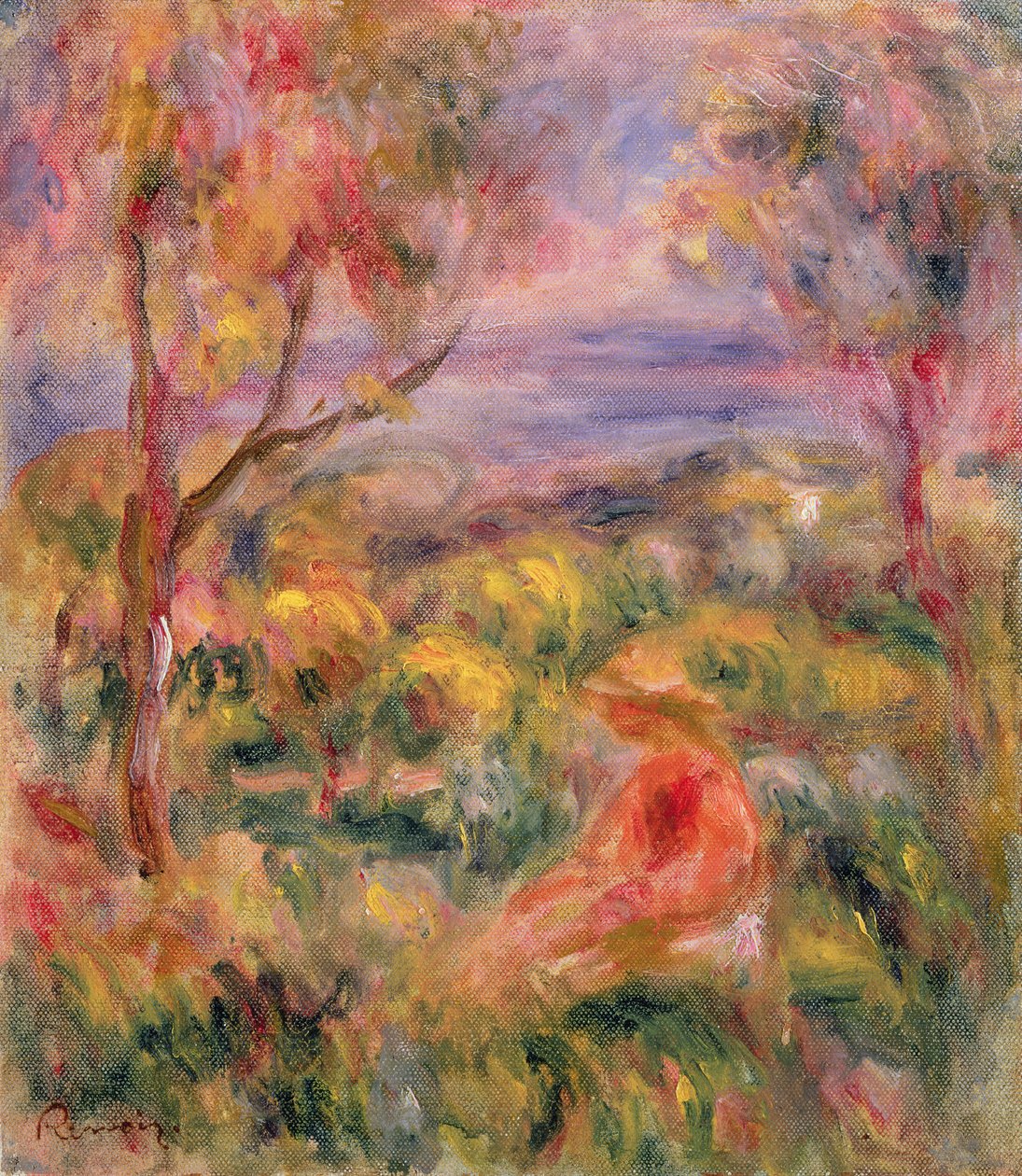 Pige og to træer i et landskab, 1917 af Pierre Auguste Renoir