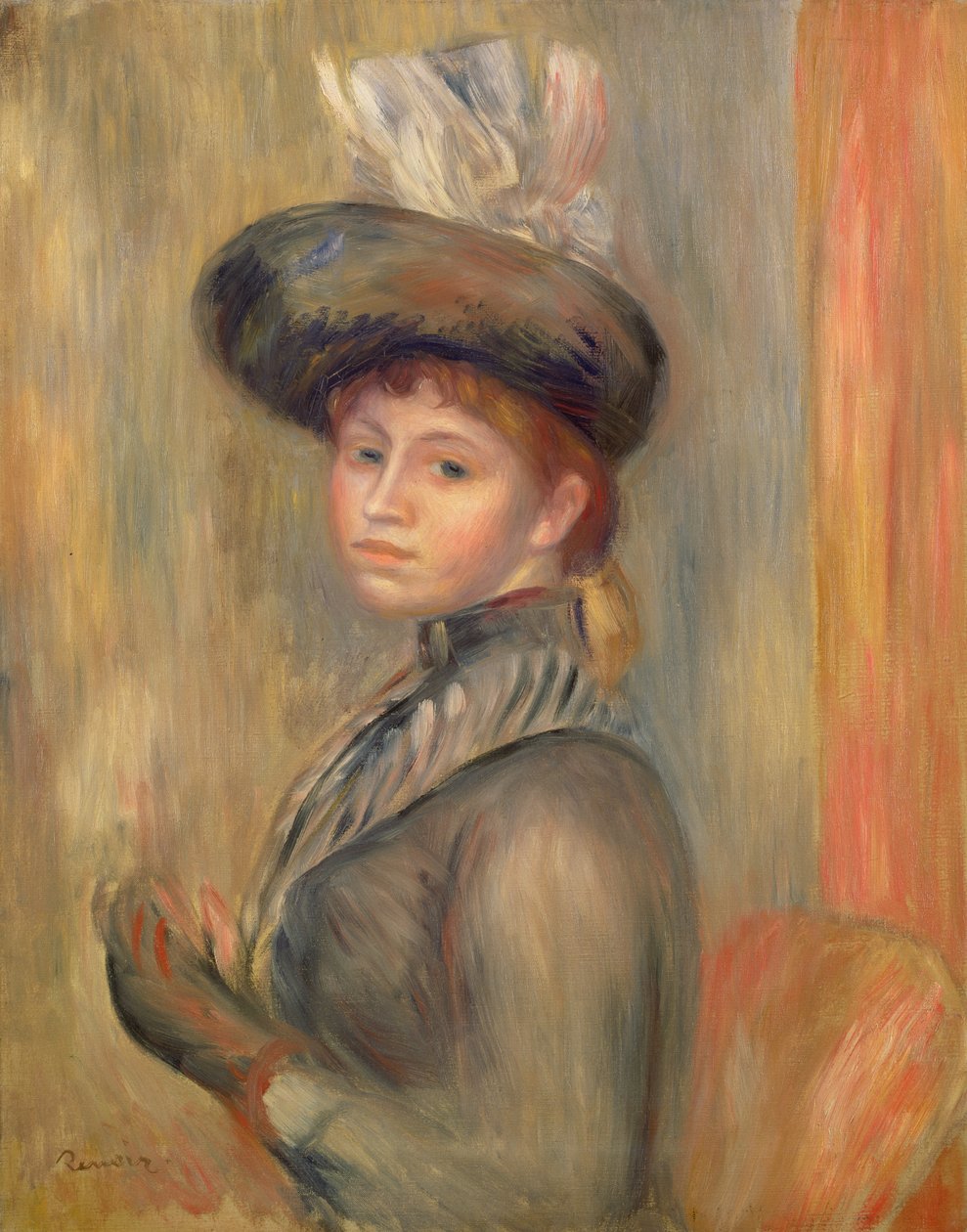 Pige i gråblåt, tager sin handske på, ca. 1889 af Pierre Auguste Renoir