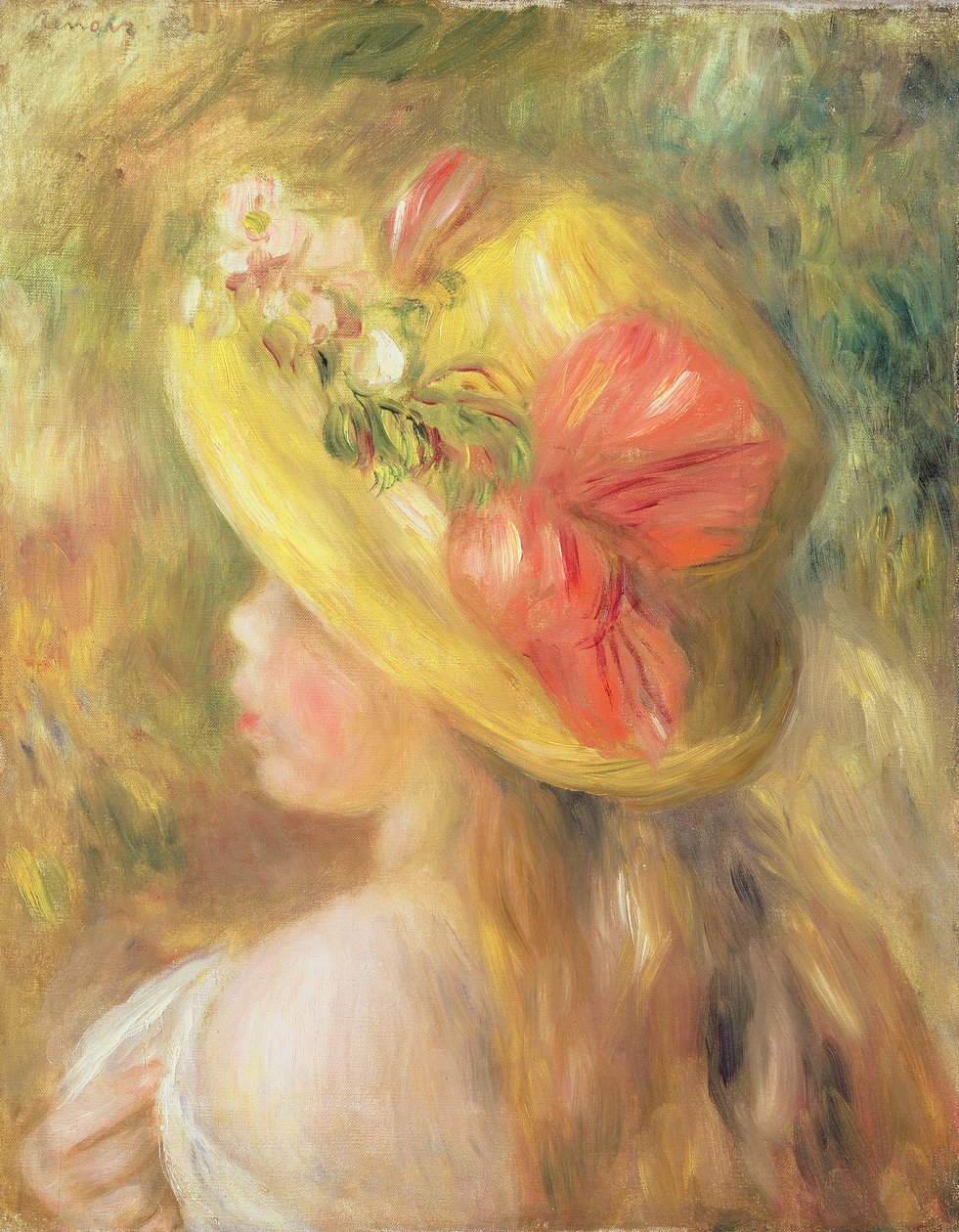 Hoved af en pige med en hat, 1893 af Pierre Auguste Renoir