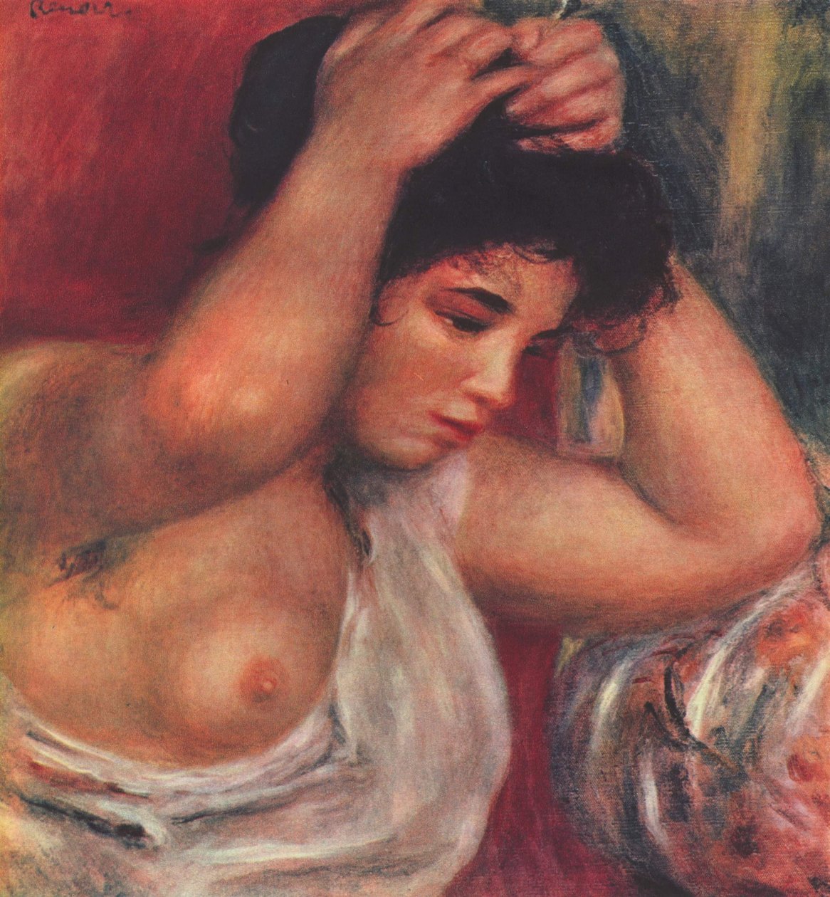 Ung kvinde laver sit hår af Pierre Auguste Renoir