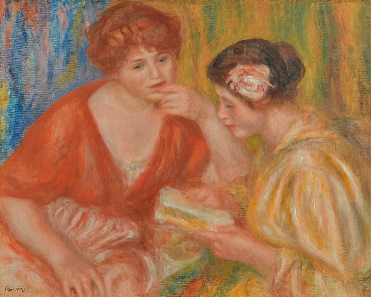 LÆSNING, TO KVINDER MED RØDE OG ROSE KROPPER af Pierre Auguste Renoir