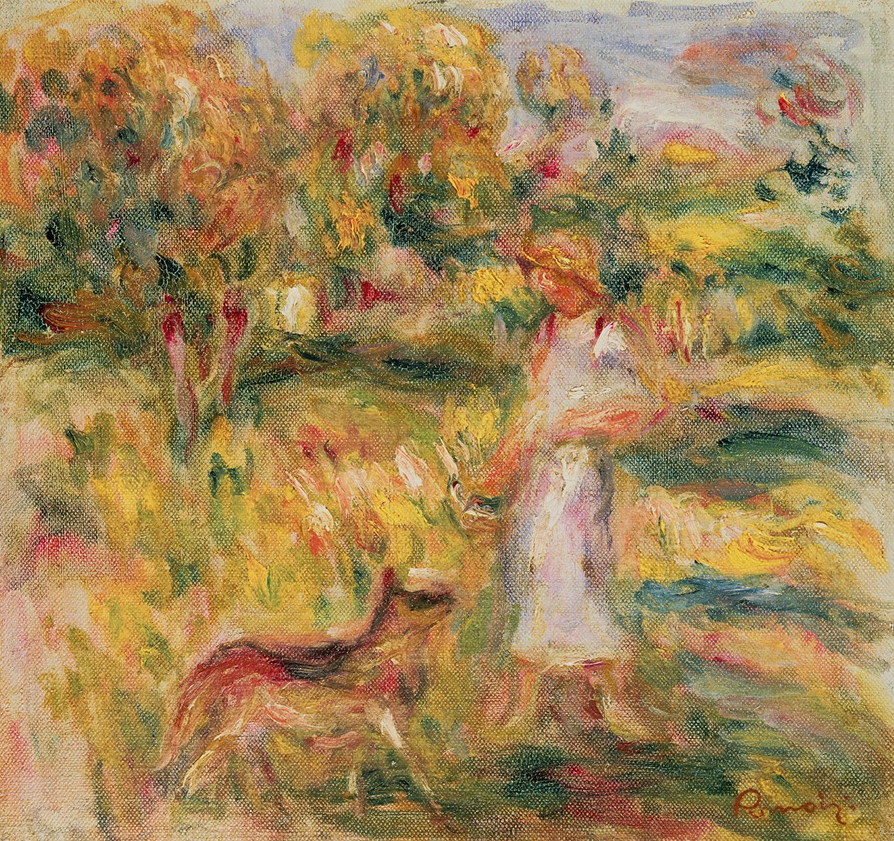 Landskab med kunstnerens hustru og Zaza, ca. 1919 af Pierre Auguste Renoir