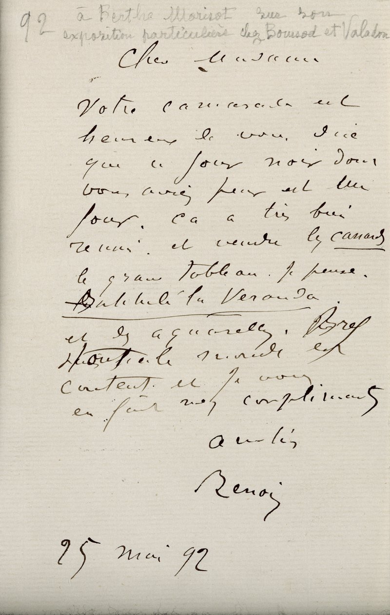 Brev fra Renoir til Berthe Morisot (1841-95) vedrørende hendes første udstilling, 25. maj 1892 af Pierre Auguste Renoir