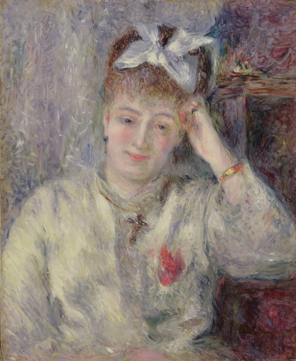 Madame Murer læner sig op af klaveret, ca. 1878 af Pierre Auguste Renoir