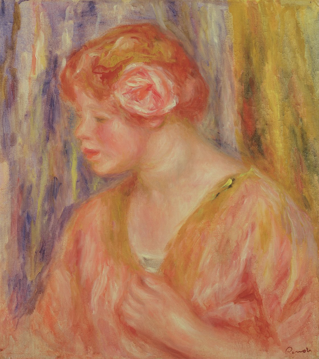 Rødhovedet kvinde med roser i håret af Pierre Auguste Renoir