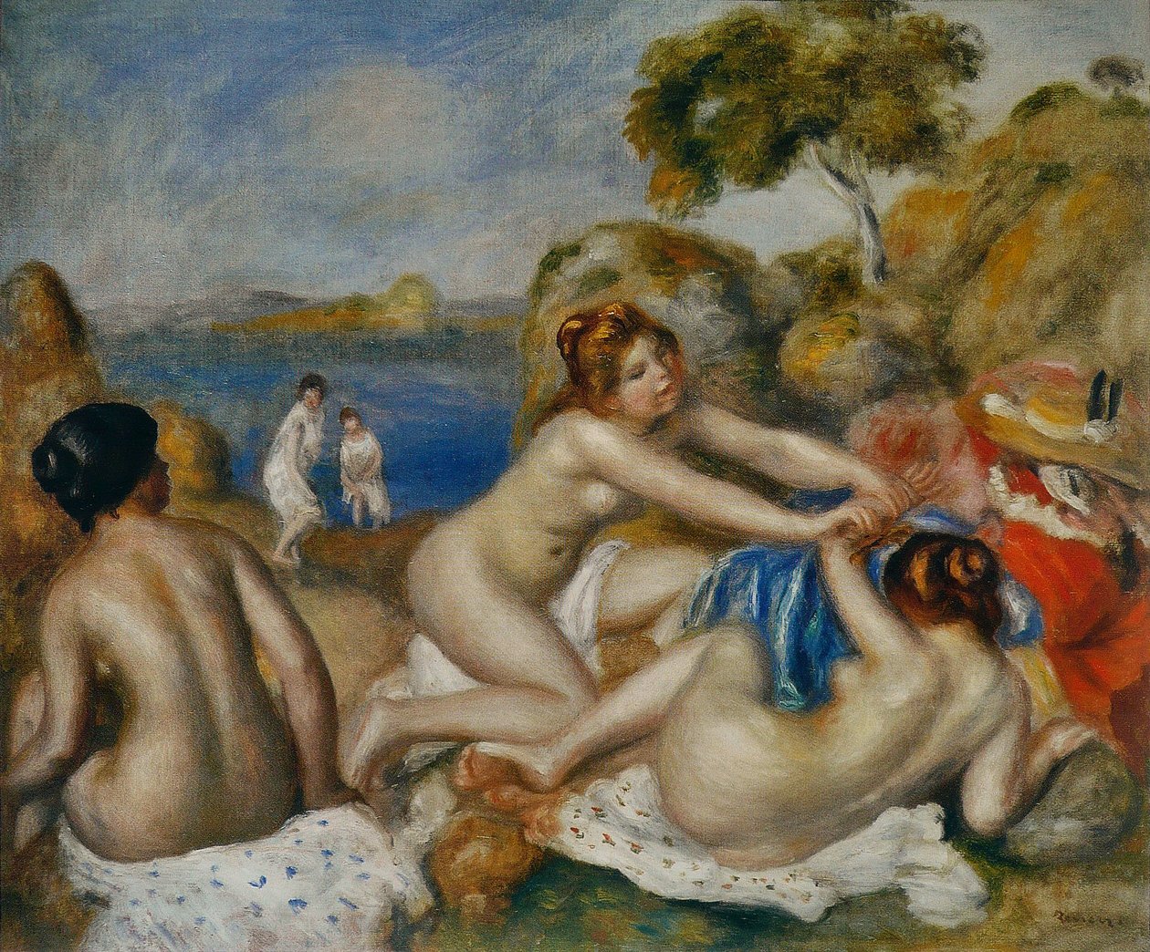Tre badegæster med krabbe af Pierre Auguste Renoir