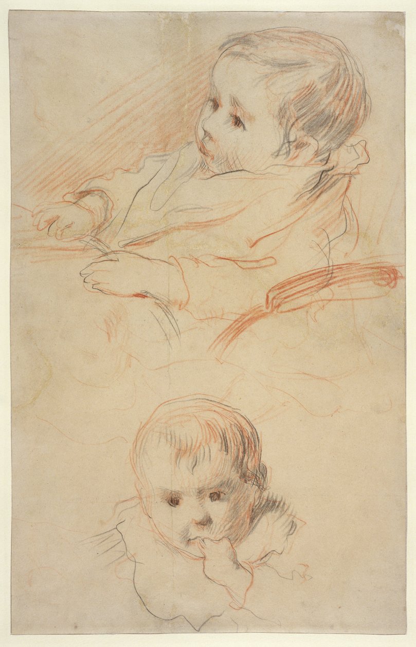 To studier af et lille barn, 1875-80 (sort og rødt kridt på gulligt papir) af Pierre Auguste Renoir