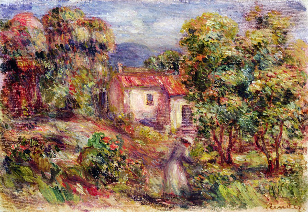 Kvinde plukker blomster i Les Colettes have i Cagnes, 1912 af Pierre Auguste Renoir