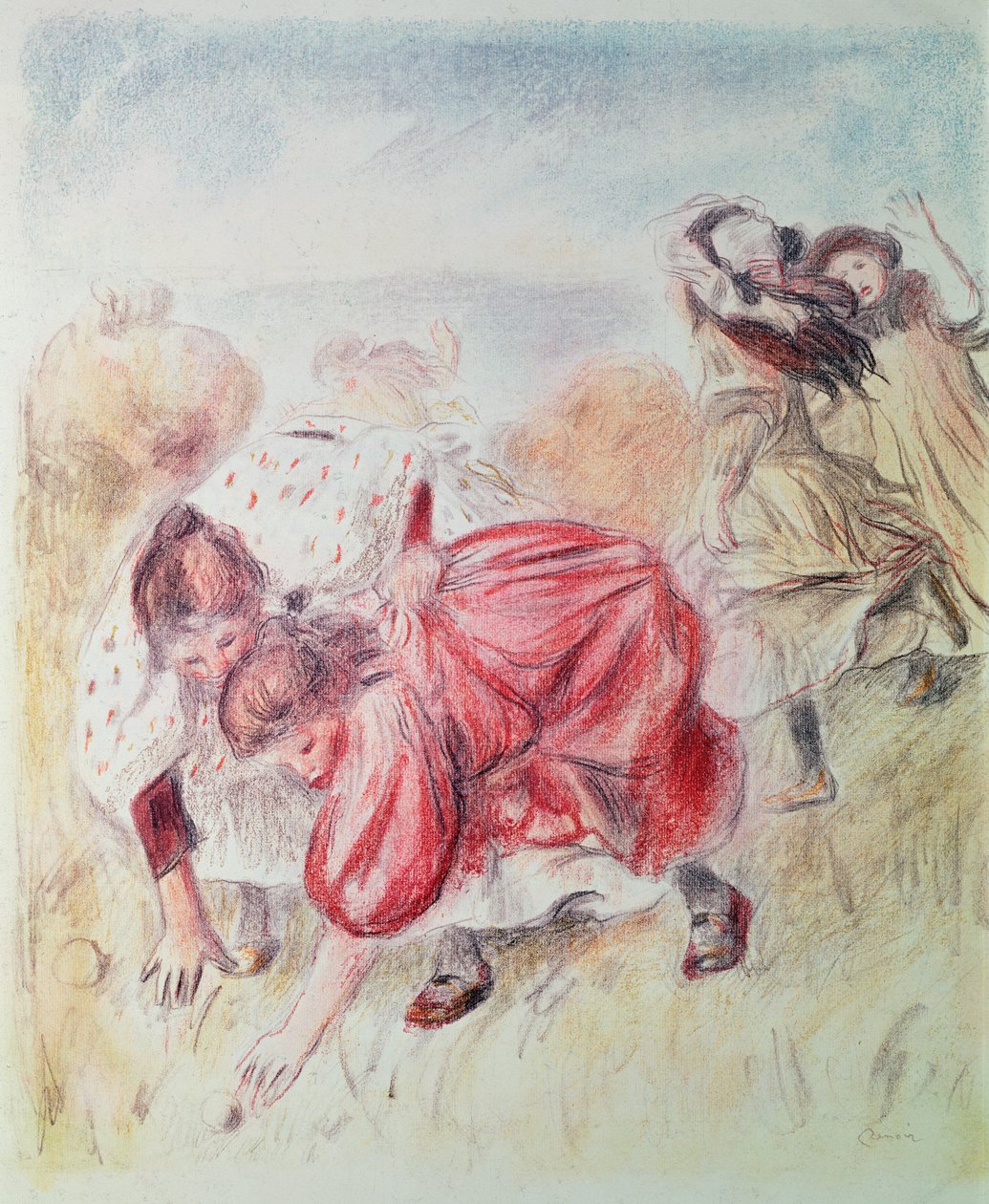 Unge piger leger (farvet blyant) af Pierre Auguste Renoir