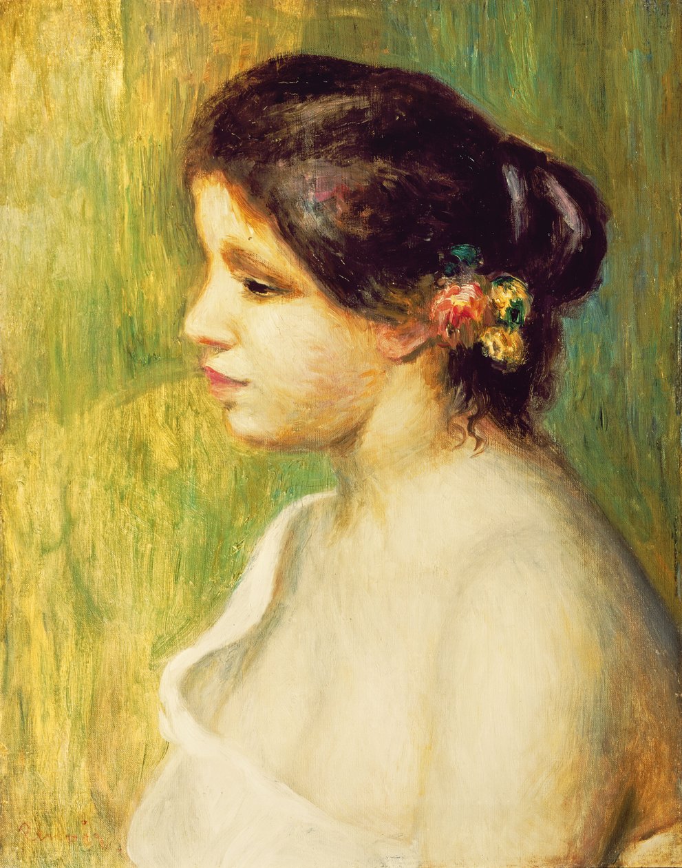 Ung kvinde med blomster ved øret, 1898 af Pierre Auguste Renoir