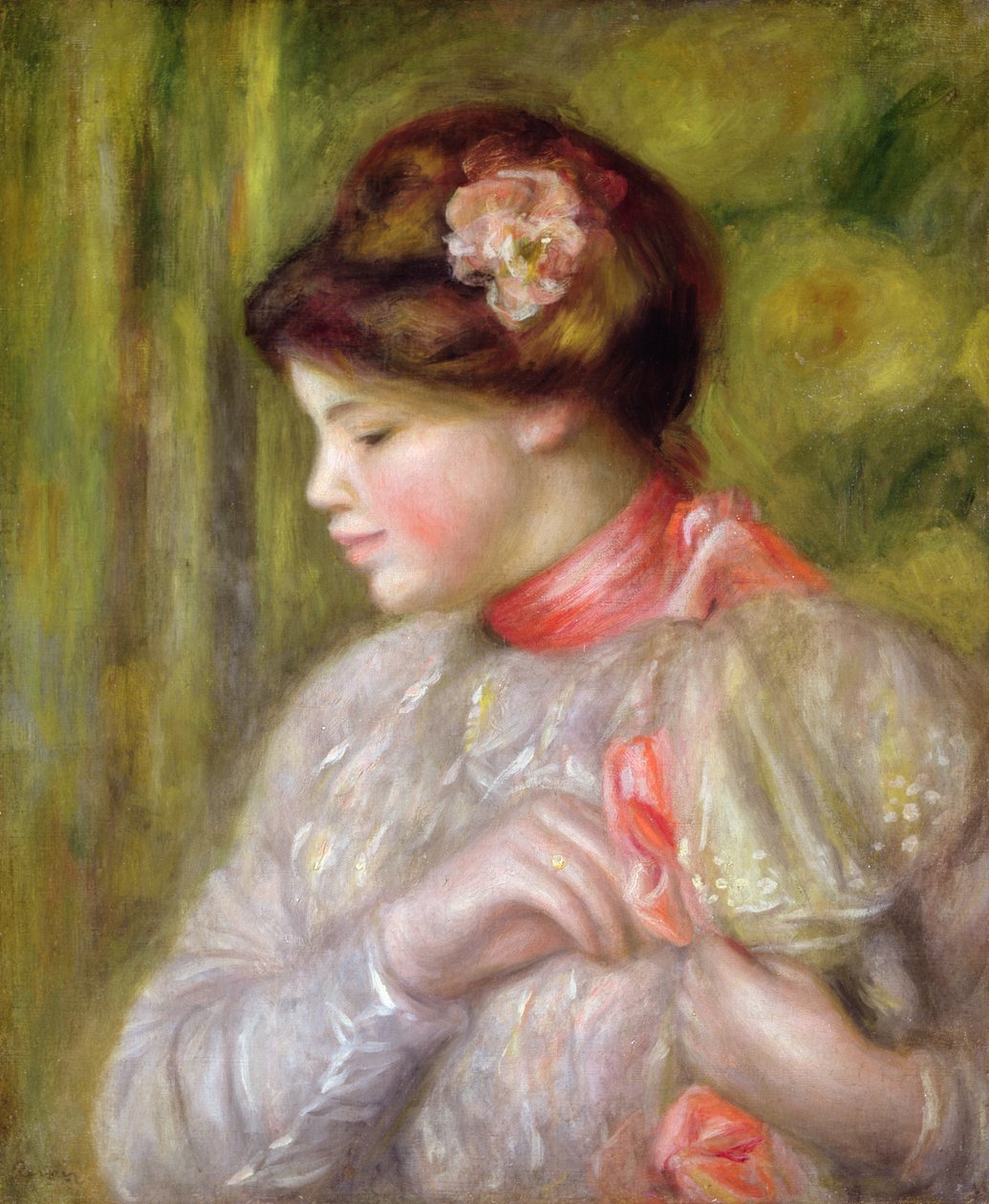 Ung kvinde justerer sin bluse, 1900 af Pierre Auguste Renoir