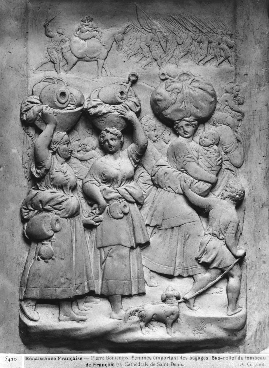 Grav af Francois I 1494-1547 og hans kone, Claude af Frankrig, detalje af en gruppe landsbykvinder, der holder bagage på deres hoveder, bestilt i 1548 gipsstøbt bw foto af Pierre Bontemps