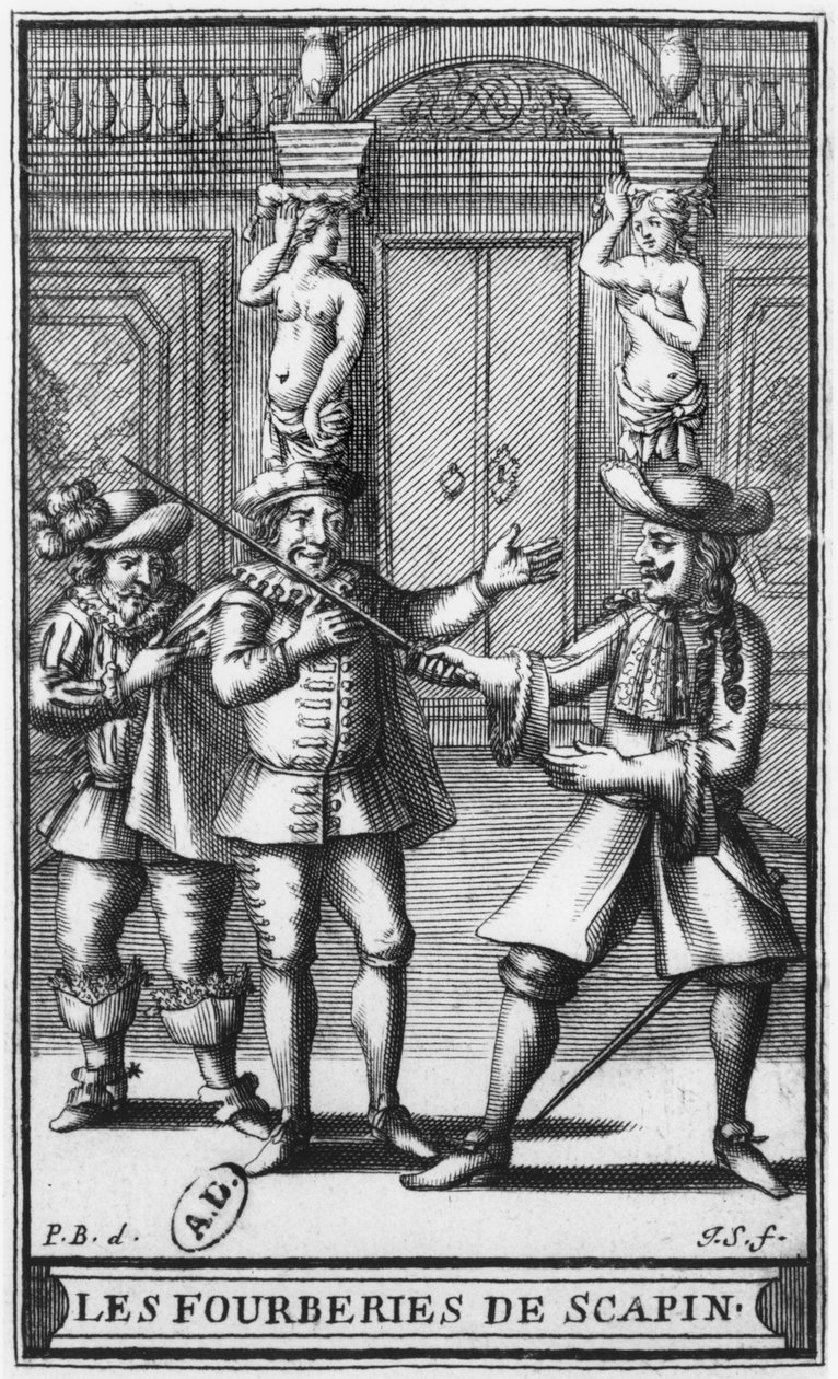 Frontispiceillustration fra "Les Fourberies de Scapin" af Moliere, graveret af Jean Sauve (fl.1660-91) ca. 1671 af Pierre Brissart