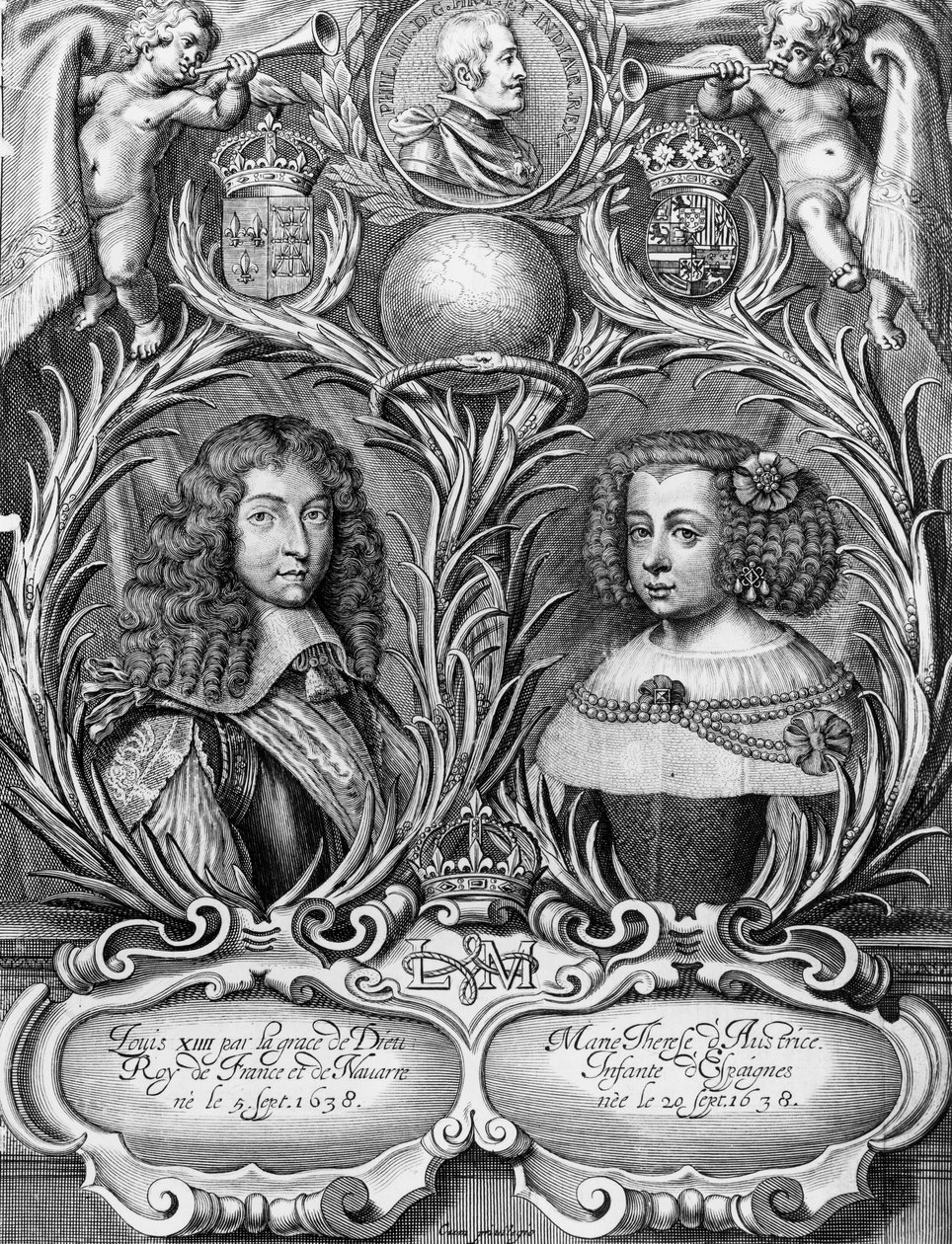 Louis XIV (1638-1715), konge af Frankrig og Marie-Therese (1638-83) af Østrig, graveret af Pieter II de Jode (1606-s.1674), 1660 af Pierre Cocus