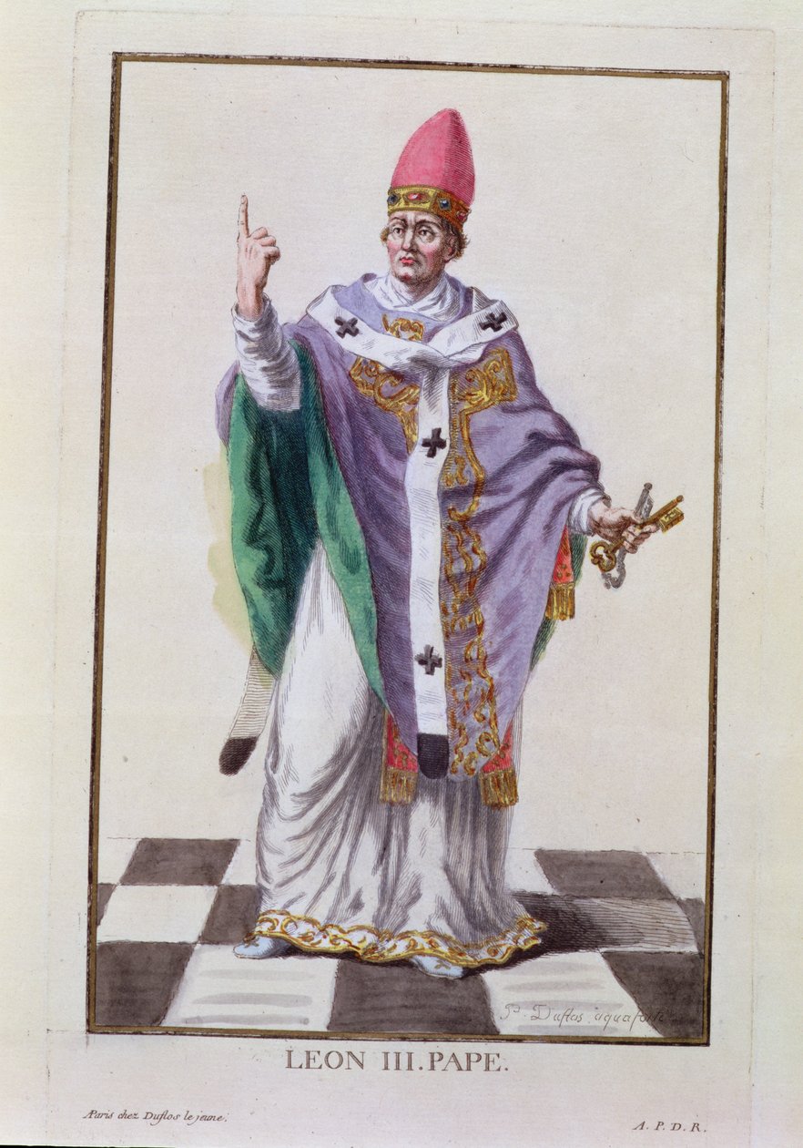 Pave Leo III (795-816) fra "Receuil des Estampes, representant les Rangs et les Dignites, suivant le Costume de toutes les Nations existantes", udgivet i 1780 (håndkoloreret stik) af Pierre Duflos